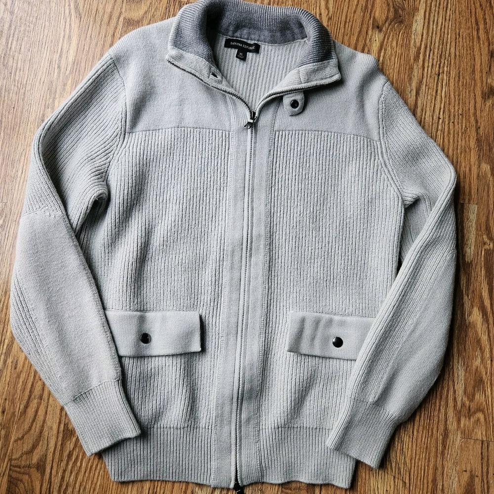 Banana Republic Sweater Mens XL Off White/ Grey Heavy Knit Pullover Zip Up